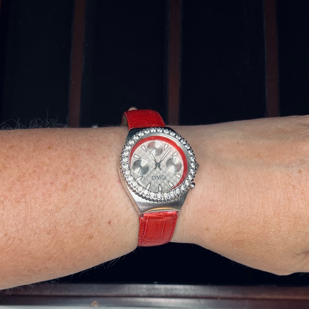 Red Alligator Embossed Leather Band W/ CZ Bezel & Subdials Watch  Diamonique DMQ